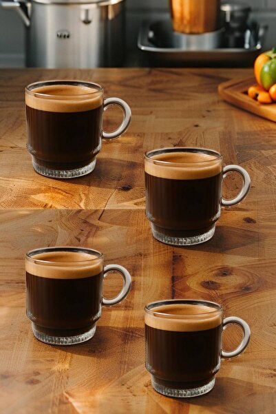 MEDUSHOP 4 Adet Kulplu Çay-Kahve Fincanı Cam Salvador Çizgili ( 1 Adet 160 ML )