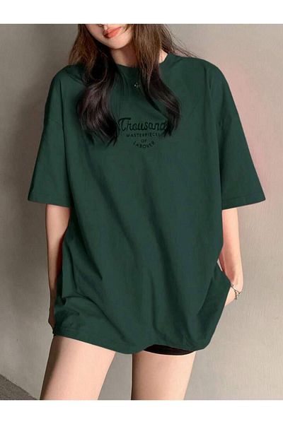DUBU BUTİK Πράσινο μπλουζάκι Oversize Μαύρο εμπριμέ Kurorten Kucağız T-shirt