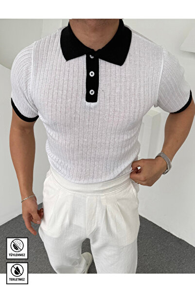 Moderk Erkek Old Money Triko Renkli Polo Yaka T-shirt Terletmez Tüylenmez