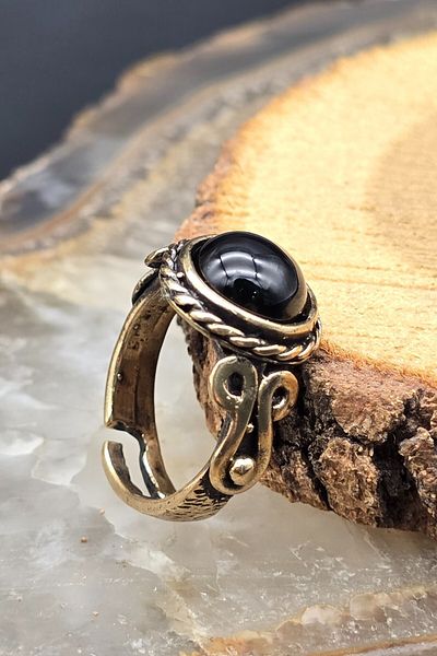 NBS Beautiful Naturel Stones Women's Copper Black Agate Stone Ring Adjustable Trend (Gift, Birthday, Daily)