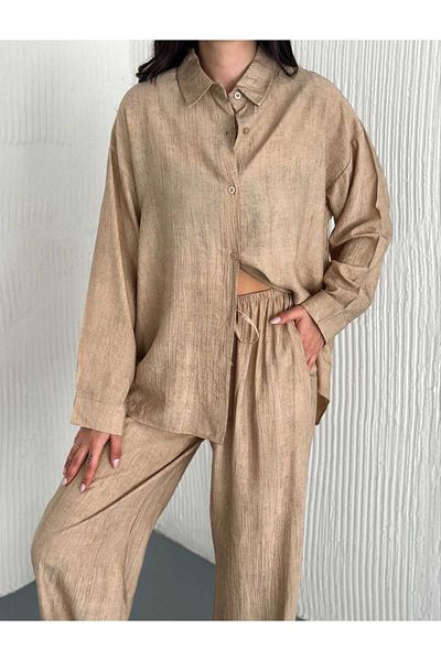 Butik Merrline Women's Beige Strawberry Linen Fabric Mini Button Shirt Wide Leg Pants Bottom Top Two-Piece Set