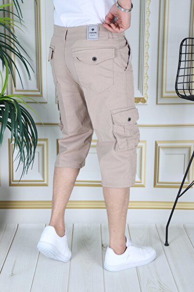 PHANTOM JEANS Krem Erkek Slim Fit Kapri Likralı Gabardin Diz Altı Kargo Cepli Bermuda