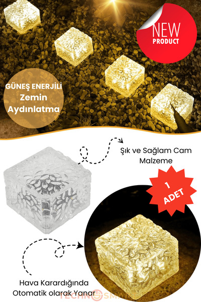 TechnoSmart 1Adet Solar Premium Kalite Cam Dekoratif Zemin Bahçe Aydınlatma Güneş Enerjili