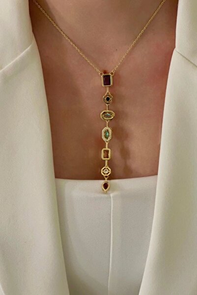 AL JEWELERY Steel Y Necklace with Colorful Stone