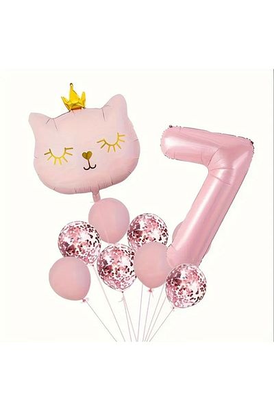 ALYA PARTY Pink Crowned Cat Figure Foil με μπαλόνια Σετ γενεθλίων Σετ γενεθλίων