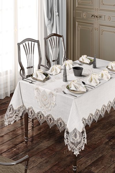 Annalisa Solit Set 26 Piece Linen French Lace 12 Napkins Luxury Table Cloth Set Boxed