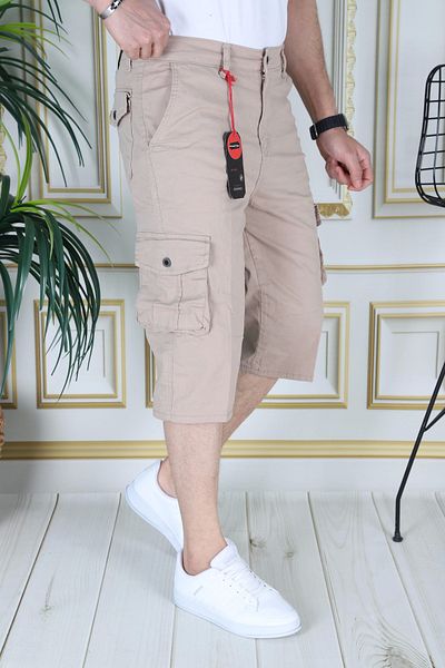 PHANTOM JEANS Κρεμ ανδρική λεπτή εφαρμογή Capri Lycra Gabardine Bermuda με τσέπες Cargo κάτω από το γόνατο