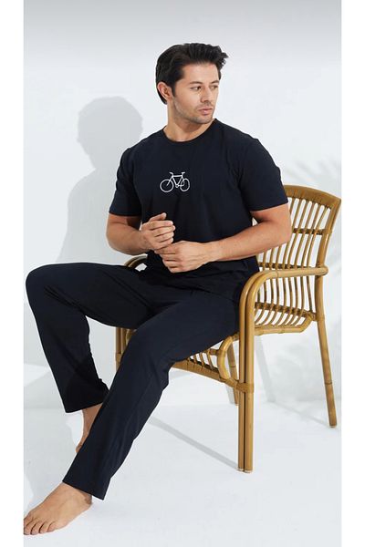 Huq Moda Ανδρικό Σετ Πιτζάμες Εποχιακής Πιτζάμες Ανδρικό Κεντητό Μαύρο Κοντό Μανίκι Χτενισμένο Βαμβακερό Ύφασμα