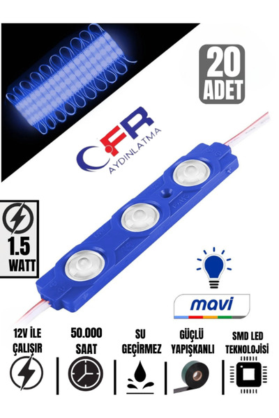 CFR 3 Ledli Parmak Led Modül 1.5w 2835 Smd Mercekli 12v Led Mavi Renk 20-adet