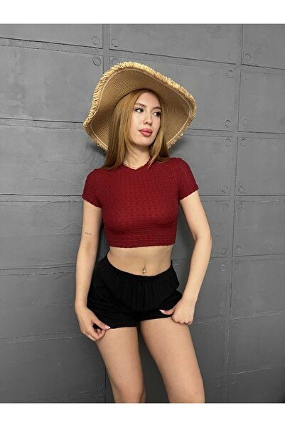 Butik Merrline Kadın Bordo Gagari Kumaş Rahat Likralı Bisiklet Yaka Basic Crop Bady Kısa Kol Bluz