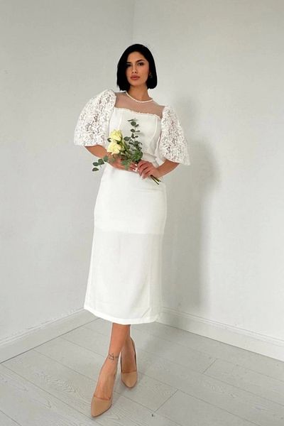 COjans White Pearl Tulle Detail Dress