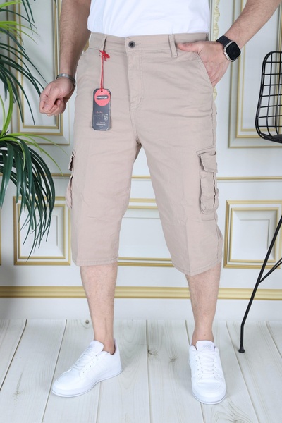 PHANTOM JEANS Krem Erkek Slim Fit Kapri Likralı Gabardin Diz Altı Kargo Cepli Bermuda