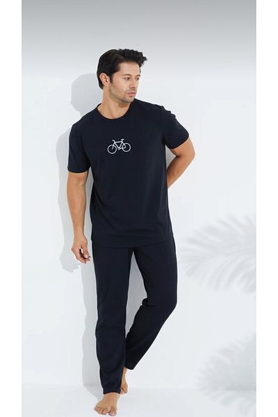 Huq Moda Ανδρικό Σετ Πιτζάμες Εποχιακής Πιτζάμες Ανδρικό Κεντητό Μαύρο Κοντό Μανίκι Χτενισμένο Βαμβακερό Ύφασμα