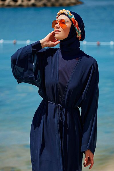 Marina Swimwear Plain Navy Blue Kimono Kaftan P2343