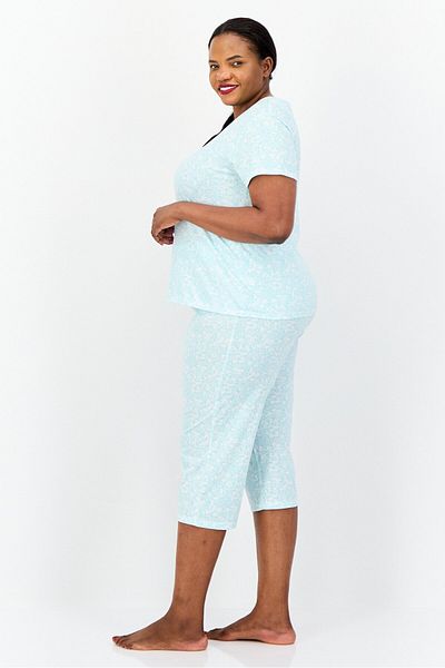 Celestial Dreams Women 2 Pieces Plus Size Floral Print Top And Pajama Set, Turquoise