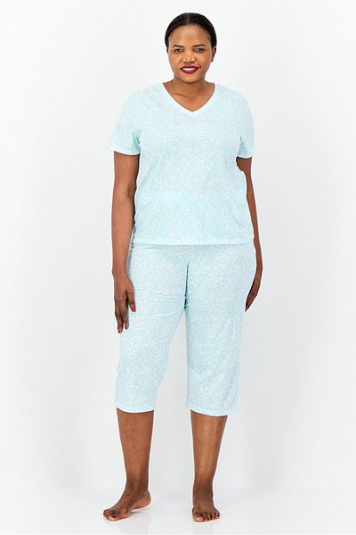 Celestial Dreams Women 2 Pieces Plus Size Floral Print Top And Pajama Set, Turquoise