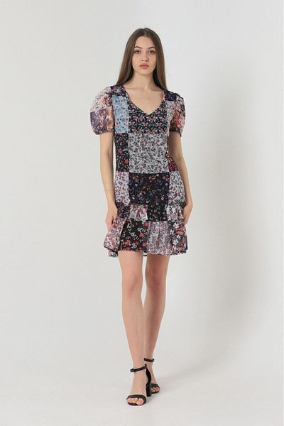 Betimoda Short Sleeve Floral V Neck Mini Dress Black Floral