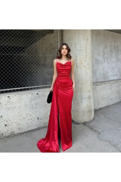 zoezoe Degaje Yaka Yırtmaçlı Abiye Mezuniyet Elbisesi