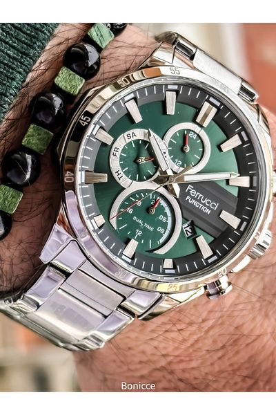 Ferrucci Functions Active Green Dial,Silver Steel Band,Guaranteed, Men's Wristwatch Bracelet with Calendar