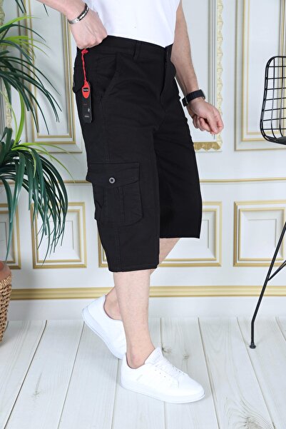 PHANTOM JEANS Siyah Erkek Slim Fit Kapri Likralı Gabardin Diz Altı Kargo Cepli Bermuda