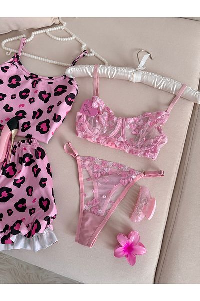 EDLİNGERİE Set de pijamale Yacout cu model leopard roz Set bralet din bumbac