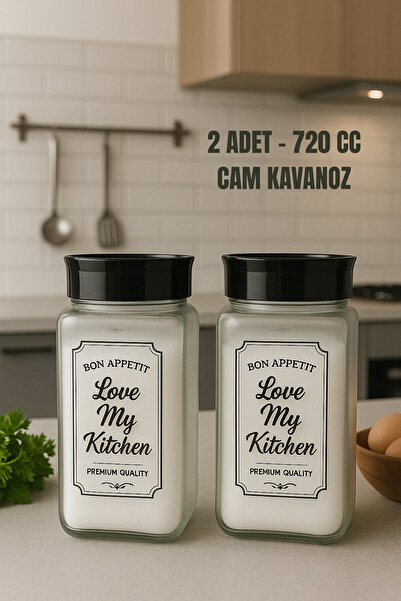 Melkan Home 2 Adet Cam Kavanoz, Love My Kitchen 720 ml Cam Saklama Kavanozu Siyah Kapaklı, Hava Geçirmez 720cc