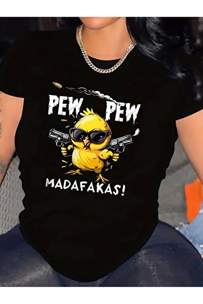 LAND MODA Tricou „PEW PEW” cu grafică de rață galbenă - Top casual cu mânecă ...