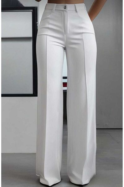Sea Queen Women's White High Waist Palazzo Fabric Trousers