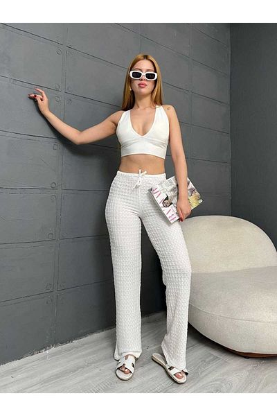 Butik Merrline Women's White Gagari Fabric High Waist Wide Leg Basic Pants