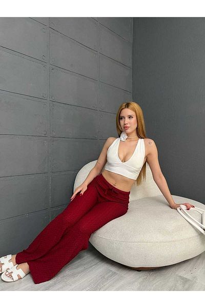 Butik Merrline Women's Burgundy Gagari Fabric High Waist Wide Leg Basic Pants