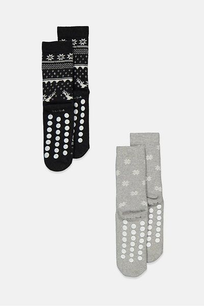 Tchibo Kid Boys 2 Pair Textured Full Cut Socks, Grey and Wash Black