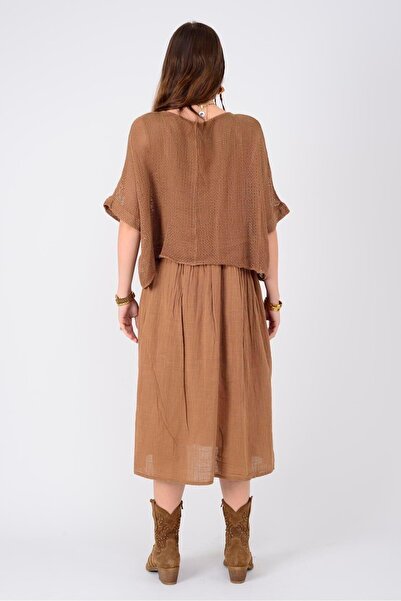 EREN STYLE İtalyan Müslin Keteni Üstü File Bluzlu Astarlı Tek Parça Elbise