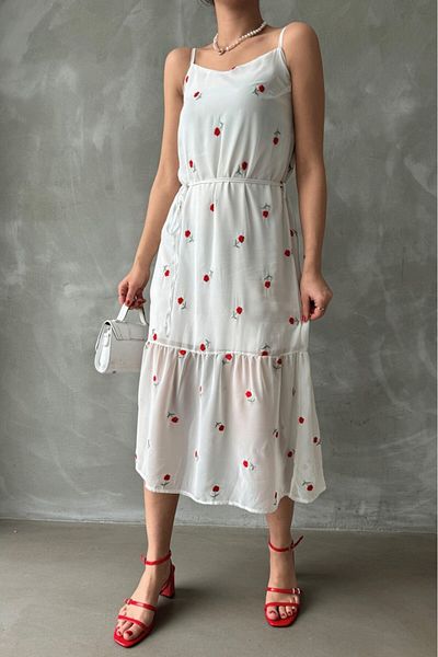 Betimoda Floral Midi Φόρεμα - Λευκό με λουράκι, φόδρα και ζώνη