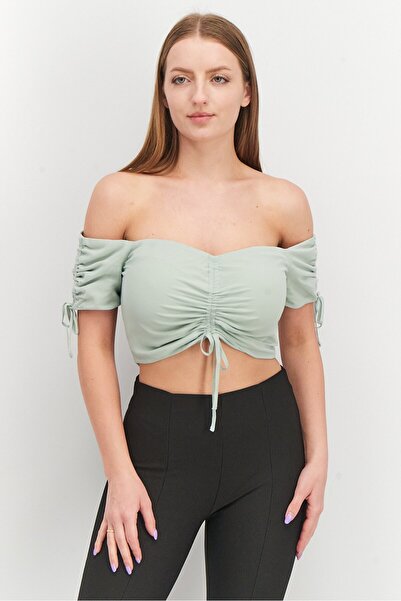 Pamela x NA-KD Reborn Women Off Shoulder Short Sleeve Textured Crop Top, Mint...