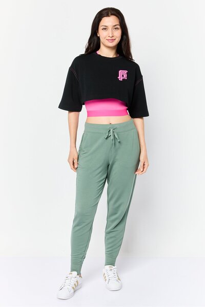 Esprit Women 2 In 1 Crew Neck Graphic Print Crop Top Set, Black/Pink