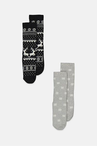 Tchibo Kid Boys 2 Pair Textured Full Cut Socks, Grey and Wash Black