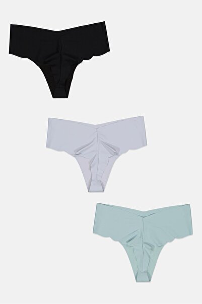 Bebe Women 3 Pieces Solid Laser Cut String Panties, Black