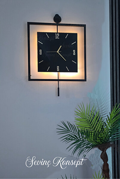 SEVİNÇ KONSEPT LED'li Siyah Quadro KARE Nero Orta Boy, Modern Dekoratif Sarkaçlı Metal Duvar Saati