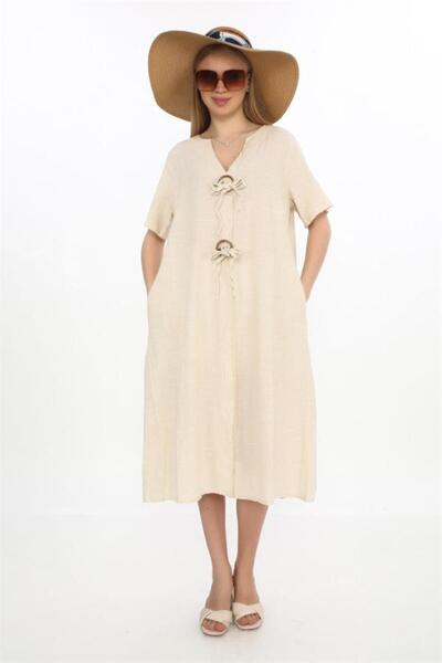 EREN STYLE Boem Kratki rukavi haljina sa V-izrezom i detaljima na dugmadima Lan