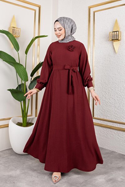 Moda Ebva Gül Detaylı Tesettür Elbise-5028 Bordo