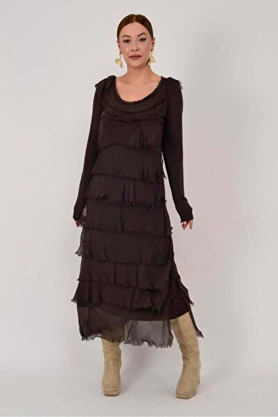 Bohem Stil Italyan 2 beden İnce Gösteren Kat Kat Uzun Kol Taşlanmış İpek Elbise