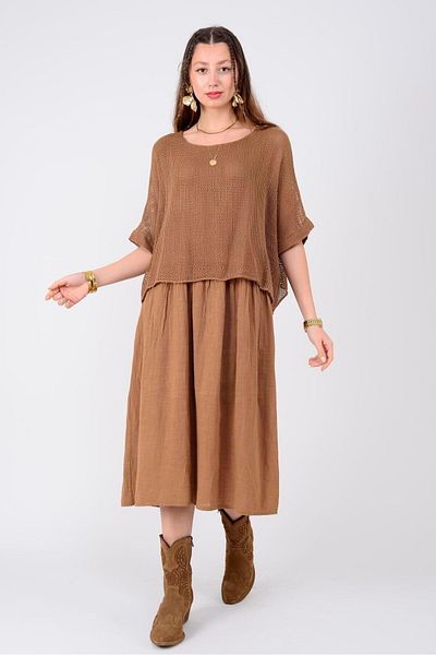 EREN STYLE Италианска рокля от муселин и лен, мрежеста блуза с подплата