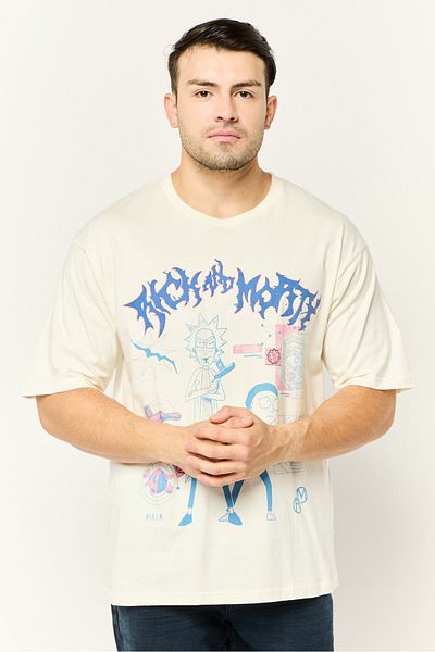 RICK AND MORTY Men Crew Neck Short Sleeves Graphic Print T-shirt, Off White