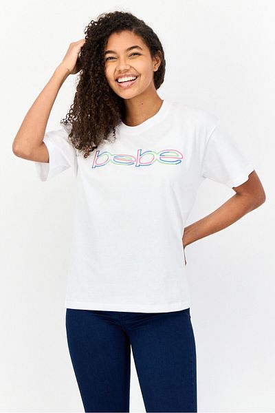 Bebe Women Crew Neck Short Sleeves Embroidered Logo T-Shirt, White