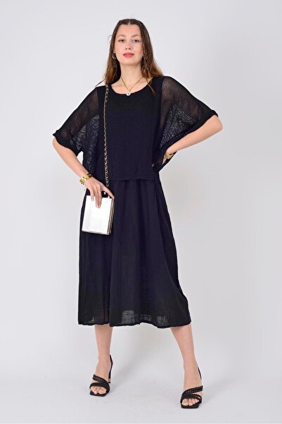 EREN STYLE İtalyan Müslin Keteni Üstü File Bluzlu Astarlı Tek Parça Elbise