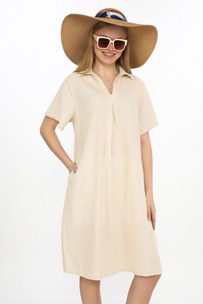 Bohem Stil Rochie de lin cu jumatate de mânecă cu decolteu in V