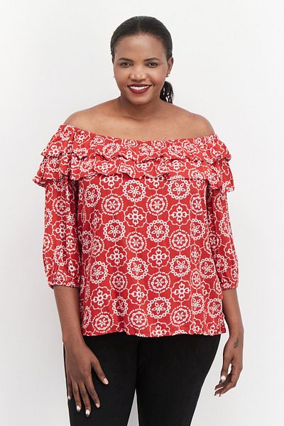 Vince Camuto Women Plus Size Off Shoulder Long Sleeve All Over Printed Top, Red Combo