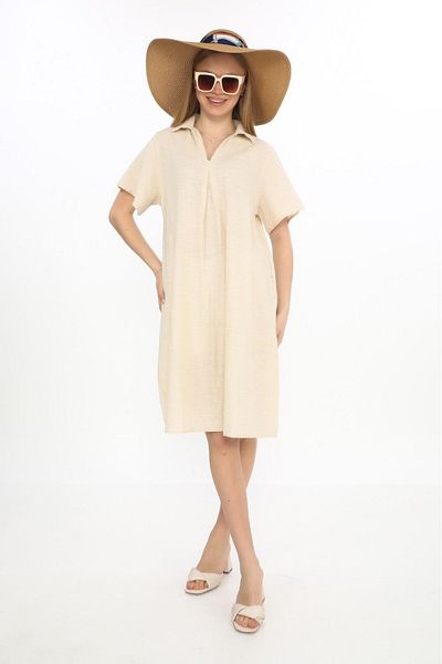 Bohem Stil Rochie de lin cu jumatate de mânecă cu decolteu in V