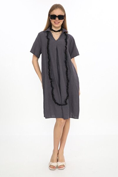 Bohem Stil Φόρεμα λινό με μισό μανίκι V λαιμόκοψη