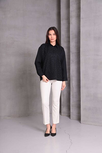 Mia Kadın Trock Taş Baskı Zarif Siyah Gömlek